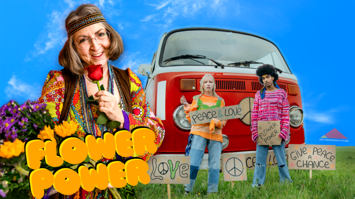 Collage: Ein alter VW-Bus vor blauem Himmel, im Vordergrund eine Seniorin als Hippie, im Hintergrund ein junges Hippie-Paar